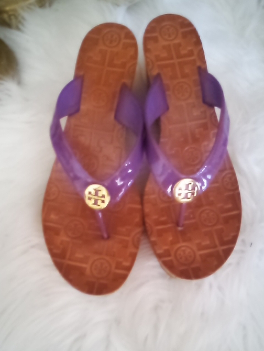 Tory Burch Purple Patent Leather Wedge Flip Flops with Gold Logo
